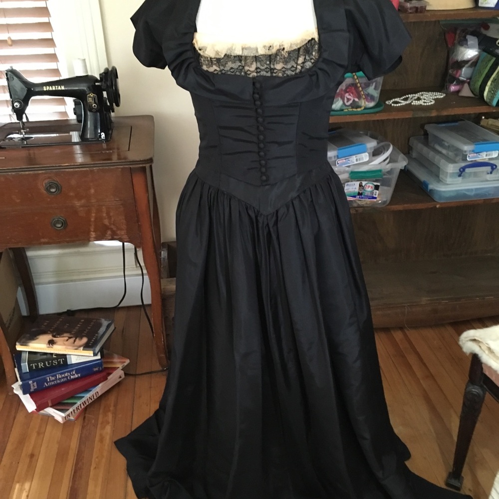 Antique Edwardian dress in black taffeta and lace